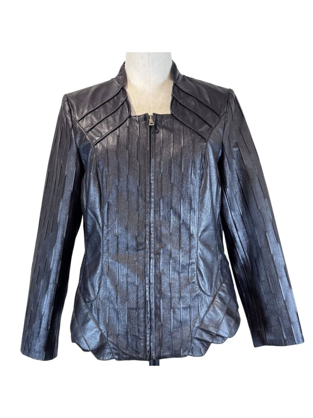 Flair Black Motorcycle Jacket Womens Sz M Full Zip Textured Stripe Faux Leather